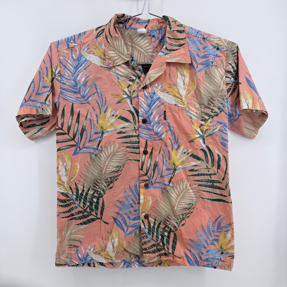 Palmwave Hawaii Shirt Mens L Bird of Paradise Tropical Cotton Peach Floral Print